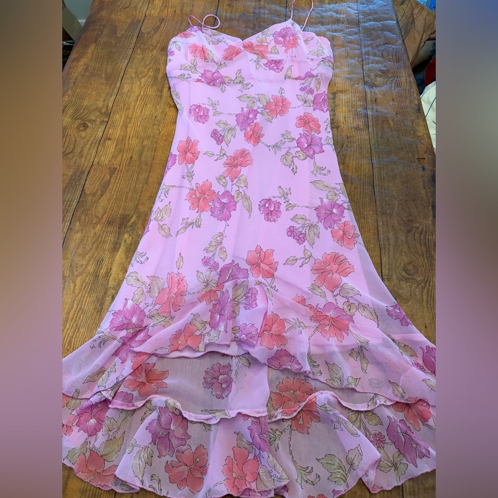 RAG Pink Floral Y2K Maxi Dress‎ XL Chiffon Ruffle Summer Romantic Fairy Girlt